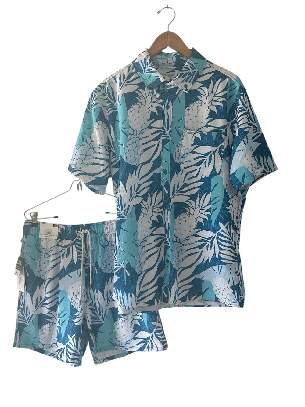 NEW Vintage Summer Blue Tropical Pineapple Button-Up & Shorts Set sz XL